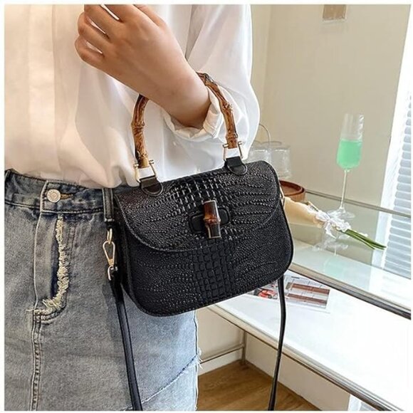 Neiman Marcus Bamboo Handle Black Crocodile Print Top Handle Bag - Picture 1 of 5